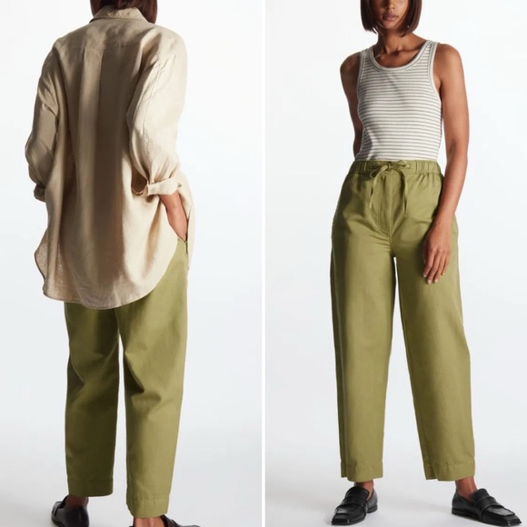 COS Pants - COS Drawstring Barrel Leg Trousers Pants Olive Green Sz 10 Cotton Linen Relaxed